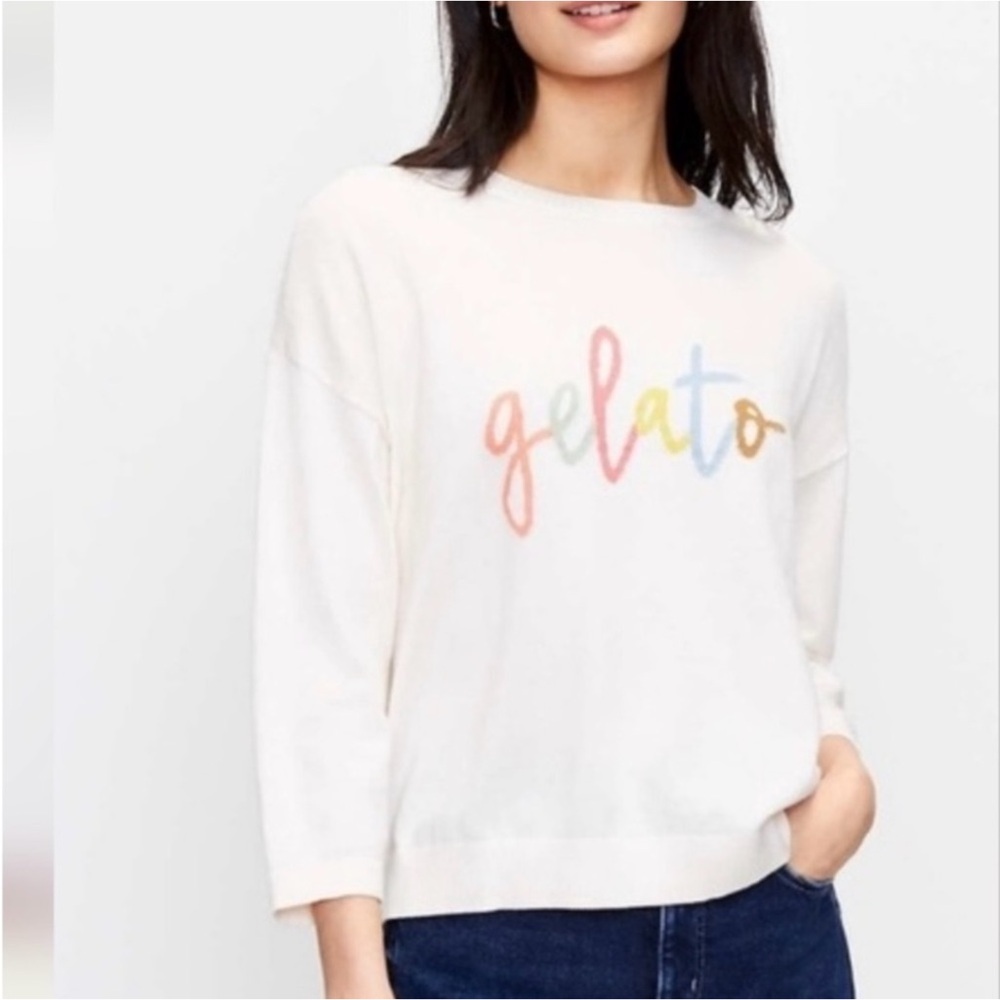 J. Crew White Crewneck Sweater with Multicolor 'gelato' Script